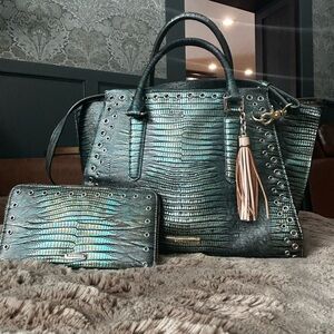 Brahmin Green Textured Tote and Wallet Set